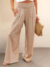 Margeline Beauvais | Wide Leg Linen-Look Pants with Smocked Waistband