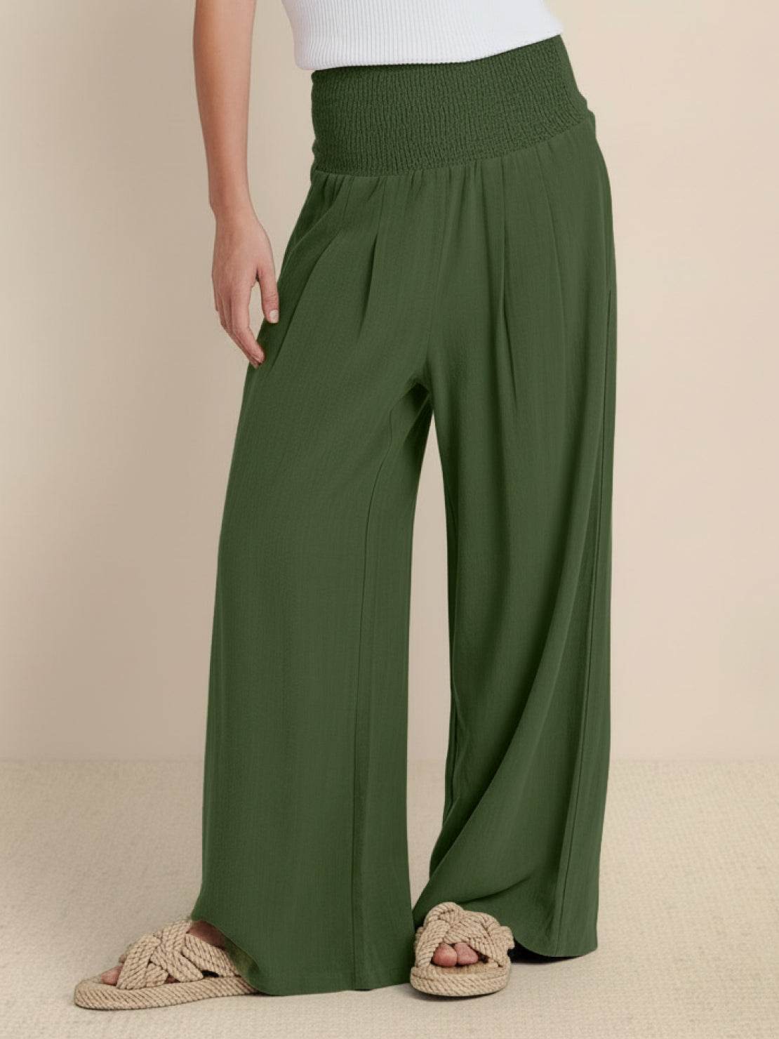 Margeline Beauvais | Wide Leg Linen-Look Pants with Smocked Waistband