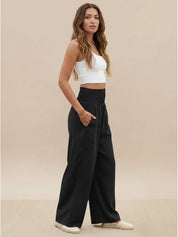 Margeline Beauvais | Wide Leg Linen-Look Pants with Smocked Waistband