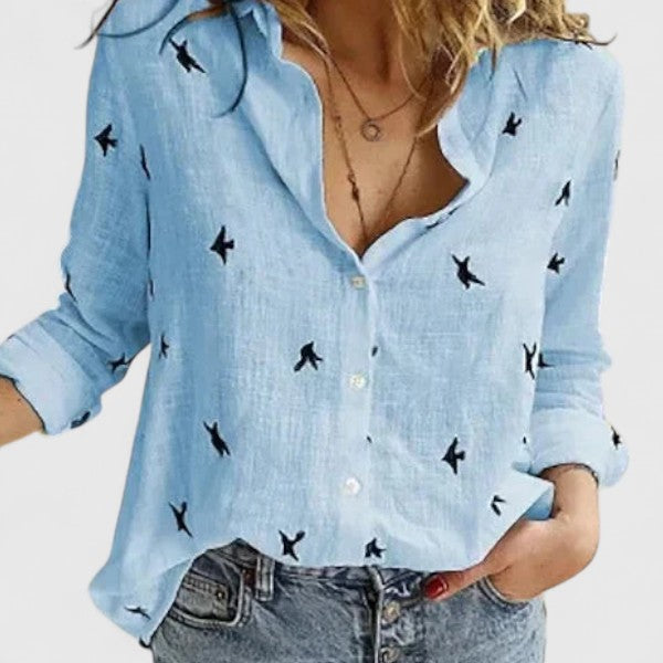 Corinna Ashvale | Women's Navy Linen Button-Down Shirt with Lapel Collar