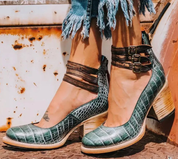 Corinna Ashvale | Tan Leather Block Heel Ankle Boot with Double Buckle Straps
