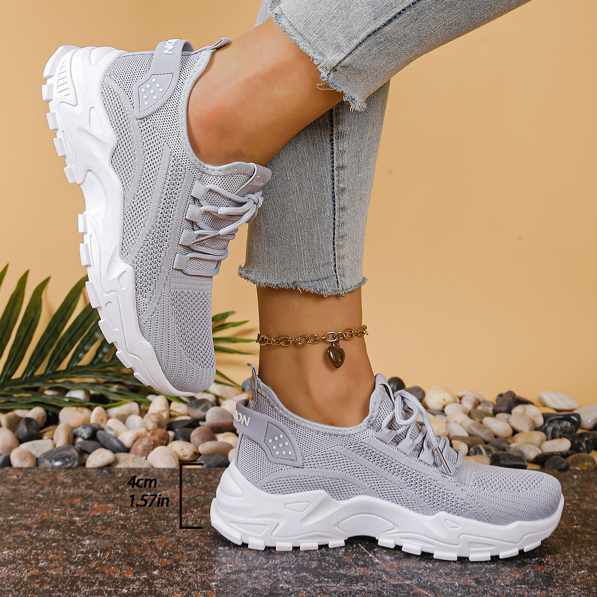 Arabella Crestvale | Beige Mesh Orthopedic Platform Sneakers