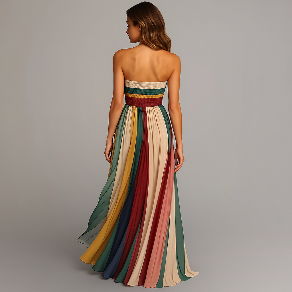 Elara Montclair | Strapless Multicolor Pleated Maxi Dress