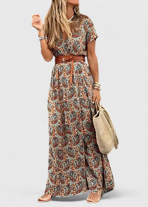 Isabelle Laurent | Navy Blue Boho Print Maxi Dress with Cap Sleeves