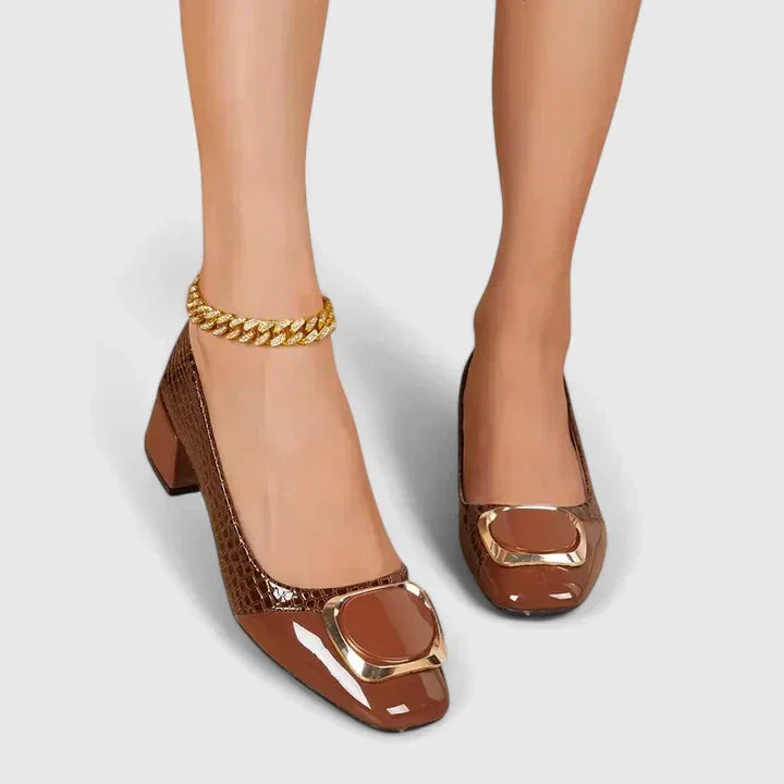 Arabella Foxworth | Brown Croc-Embossed Block Heel Pumps