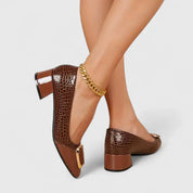 Arabella Foxworth | Brown Croc-Embossed Block Heel Pumps