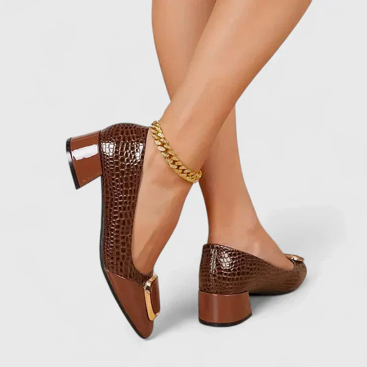 Arabella Foxworth | Brown Croc-Embossed Block Heel Pumps