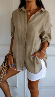 Celeste Fairbrook | Oversized Blue Linen-Look Button-Down Shirt