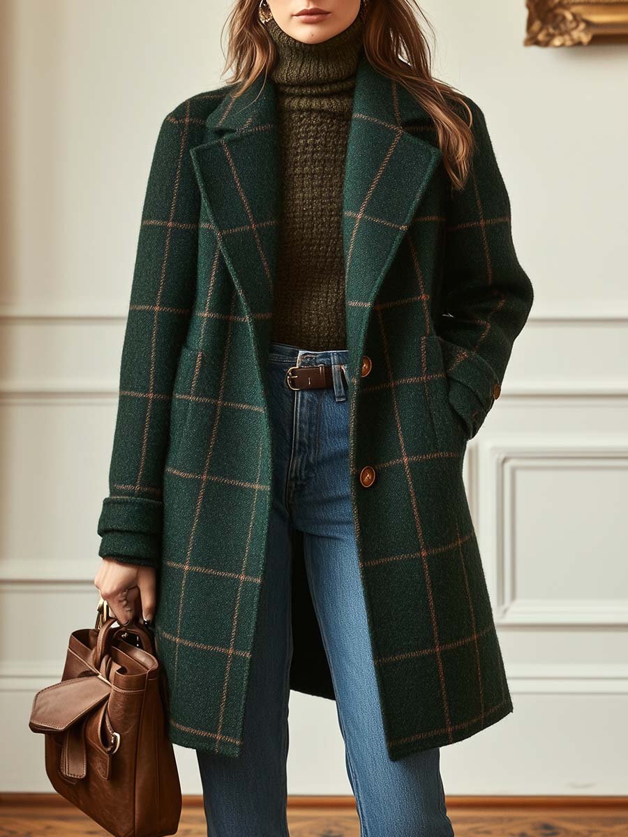 Rowena Castleigh | Green Plaid Wool-Blend Lapel Coat