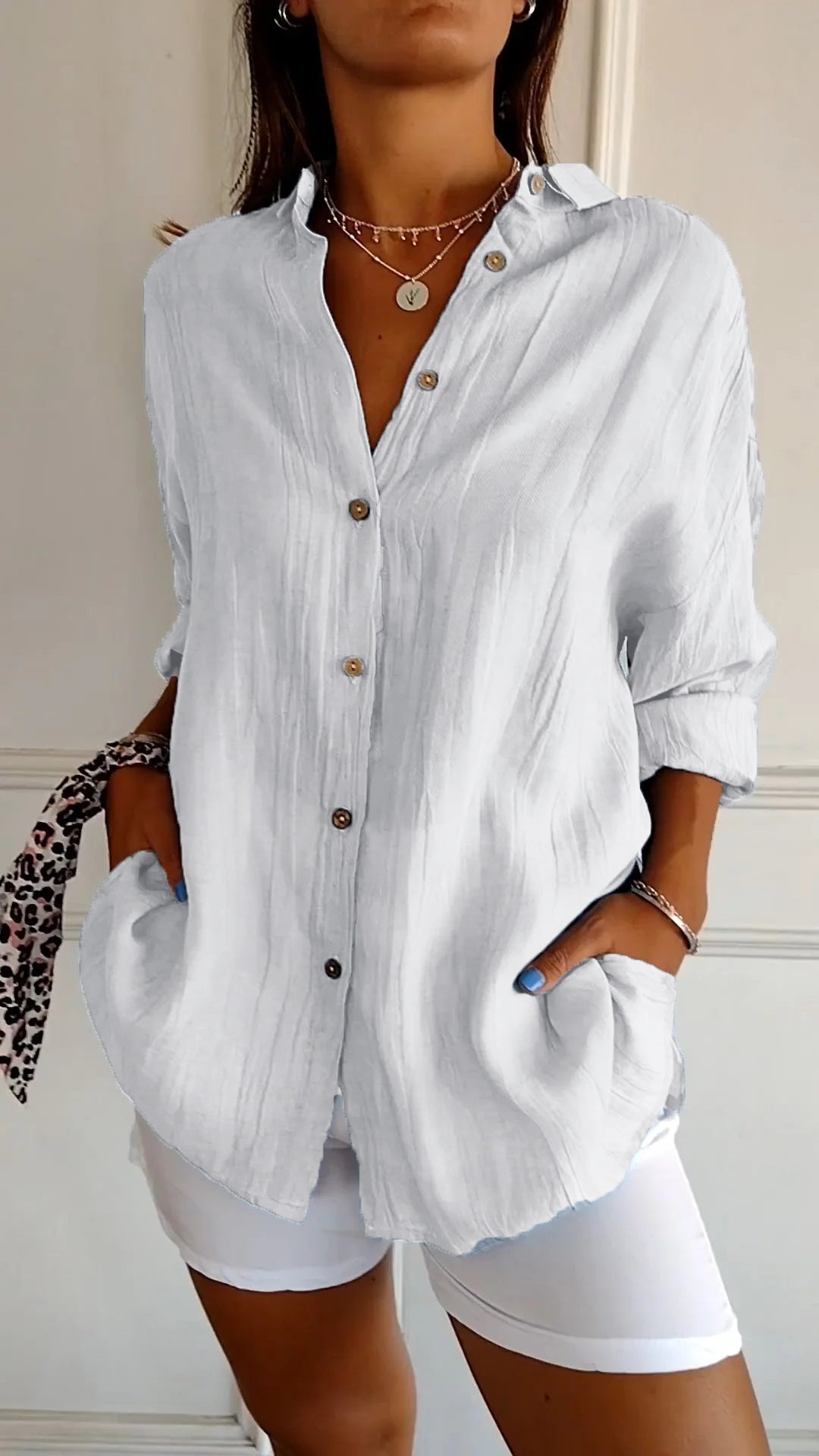 Celeste Fairbrook | Oversized Blue Linen-Look Button-Down Shirt