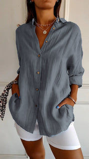 Celeste Fairbrook | Oversized Blue Linen-Look Button-Down Shirt