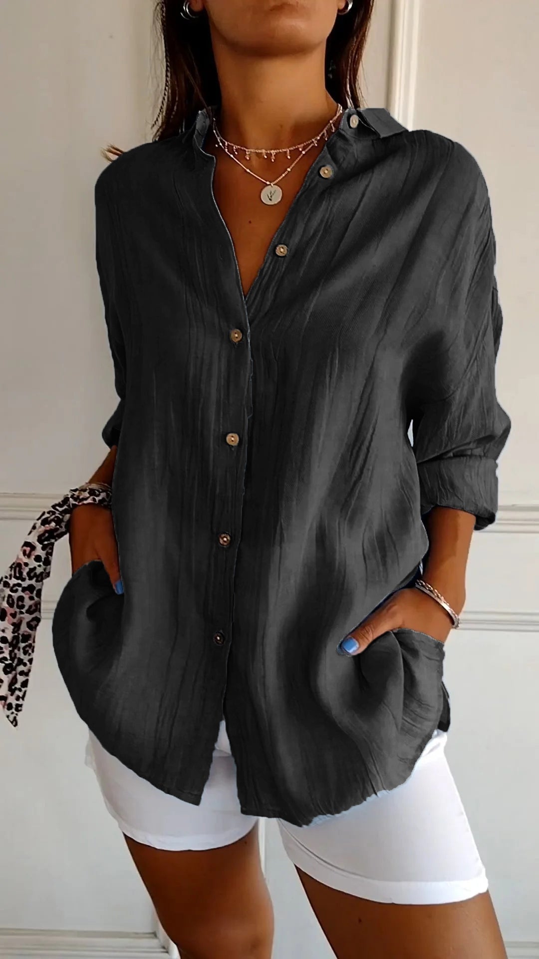 Celeste Fairbrook | Oversized Blue Linen-Look Button-Down Shirt