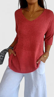 Genevieve Hartmore | Sage Green V-Neck Knit Sweater Top