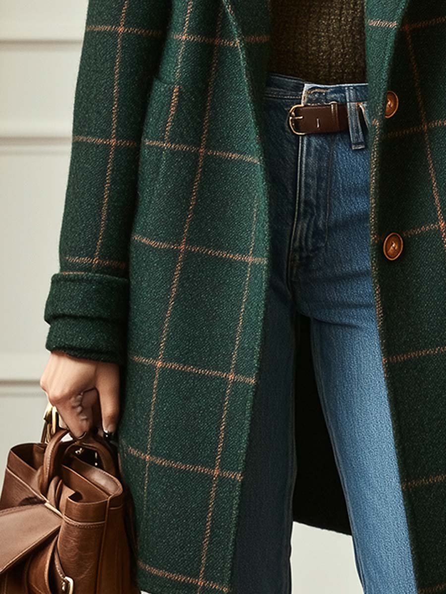 Rowena Castleigh | Green Plaid Wool-Blend Lapel Coat