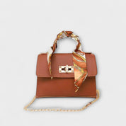 Juliette Moreau | Black Structured Handbag with Scarf Handle & Gold Chain
