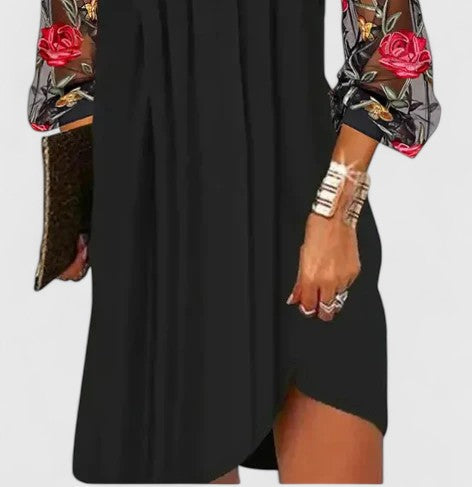 Genevra Hartfield | Black Mesh Embroidered Sleeve Mini Dress