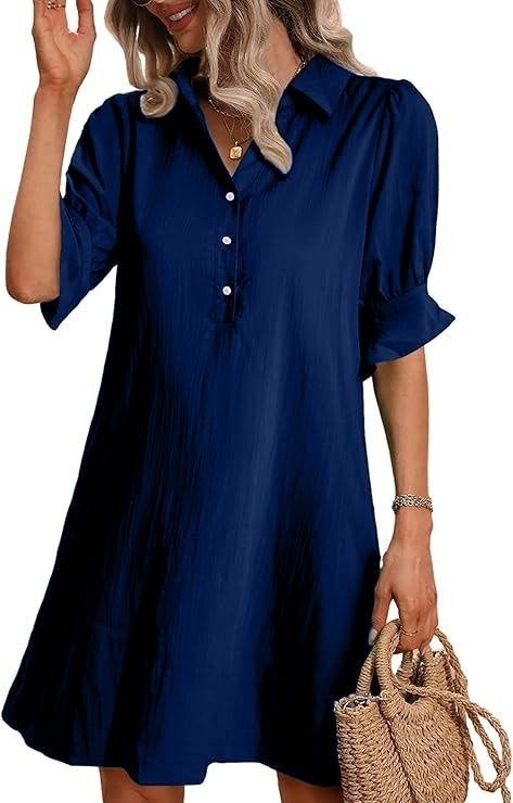 Cecile Wrenthorpe | Black Button-Down Shirt Dress with 3/4 Sleeves