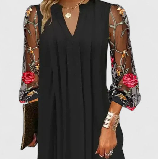 Genevra Hartfield | Black Mesh Embroidered Sleeve Mini Dress