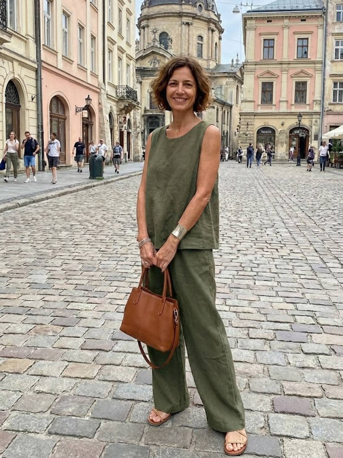 Célestine Hargrove | Olive Green Linen-Look Sleeveless Tank & Wide-Leg Pants Set