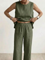 Célestine Hargrove | Olive Green Linen-Look Sleeveless Tank & Wide-Leg Pants Set