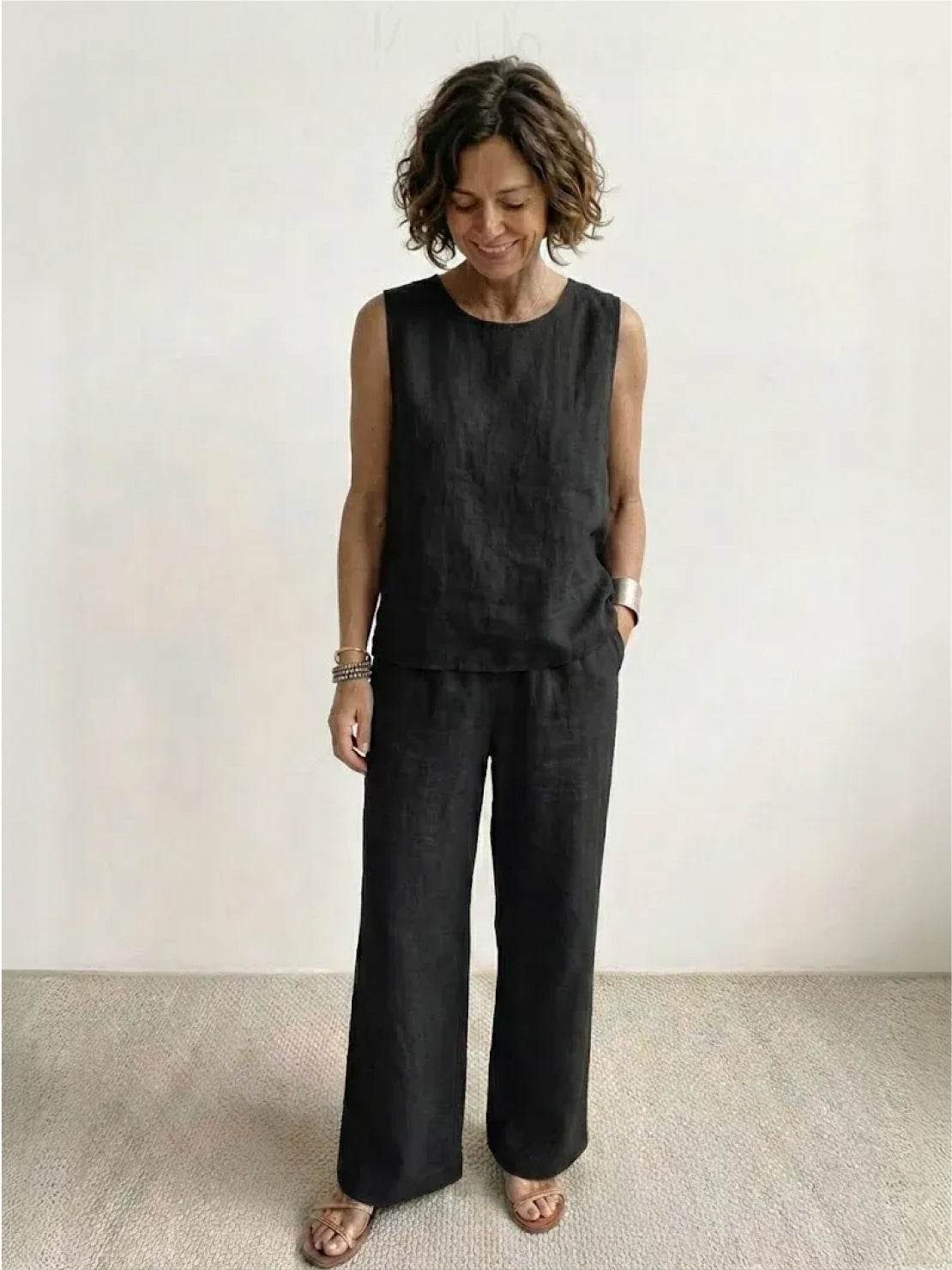 Célestine Hargrove | Olive Green Linen-Look Sleeveless Tank & Wide-Leg Pants Set