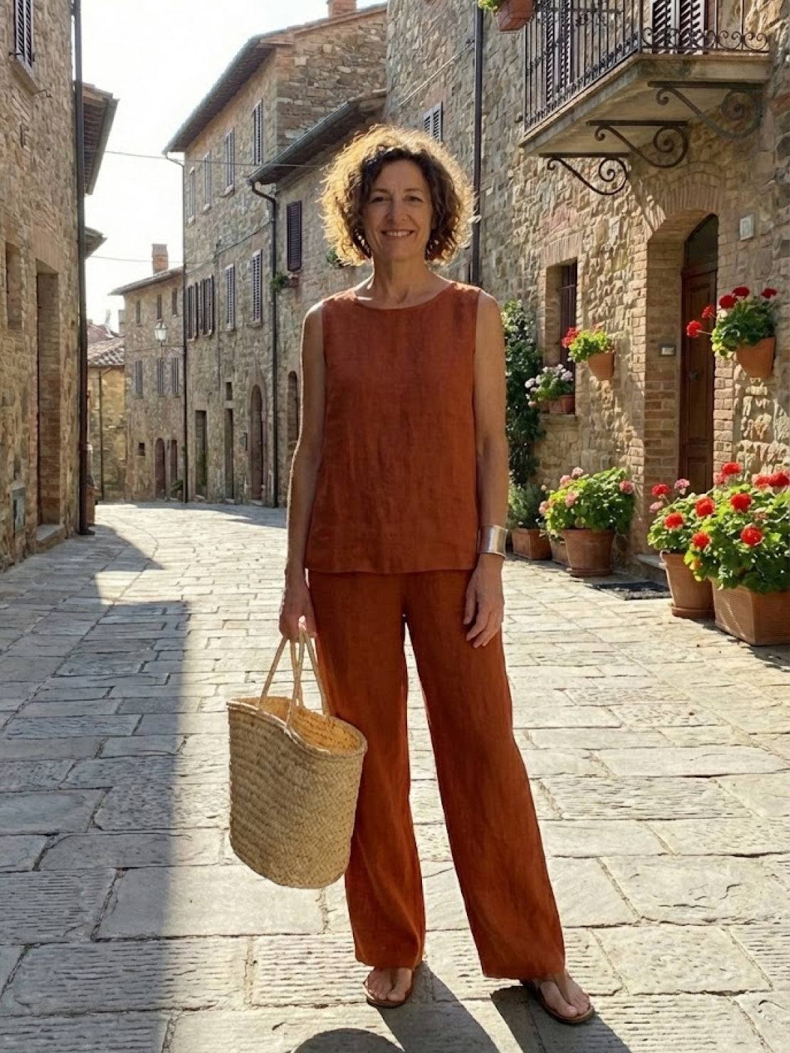 Célestine Hargrove | Olive Green Linen-Look Sleeveless Tank & Wide-Leg Pants Set