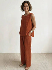 Célestine Hargrove | Olive Green Linen-Look Sleeveless Tank & Wide-Leg Pants Set