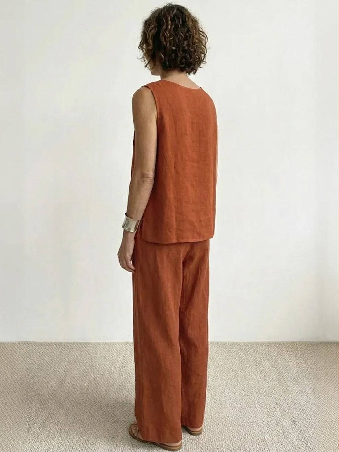 Célestine Hargrove | Olive Green Linen-Look Sleeveless Tank & Wide-Leg Pants Set