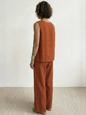 Célestine Hargrove | Olive Green Linen-Look Sleeveless Tank & Wide-Leg Pants Set