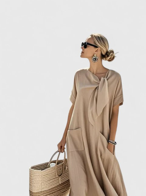 Flavia Dunsworth | Brown Maxi Dress with Neck Tie & Pockets