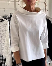 Eleanora Whitvane | White Bateau Neck 3/4 Sleeve Relaxed Top