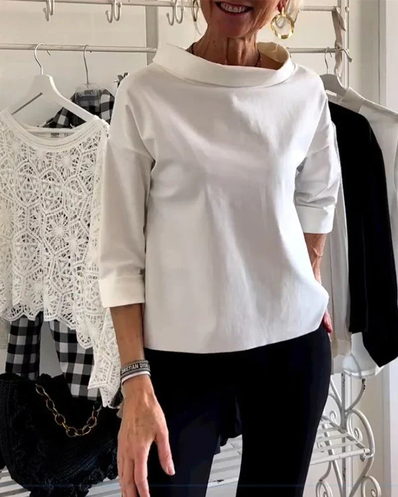 Eleanora Whitvane | White Bateau Neck 3/4 Sleeve Relaxed Top