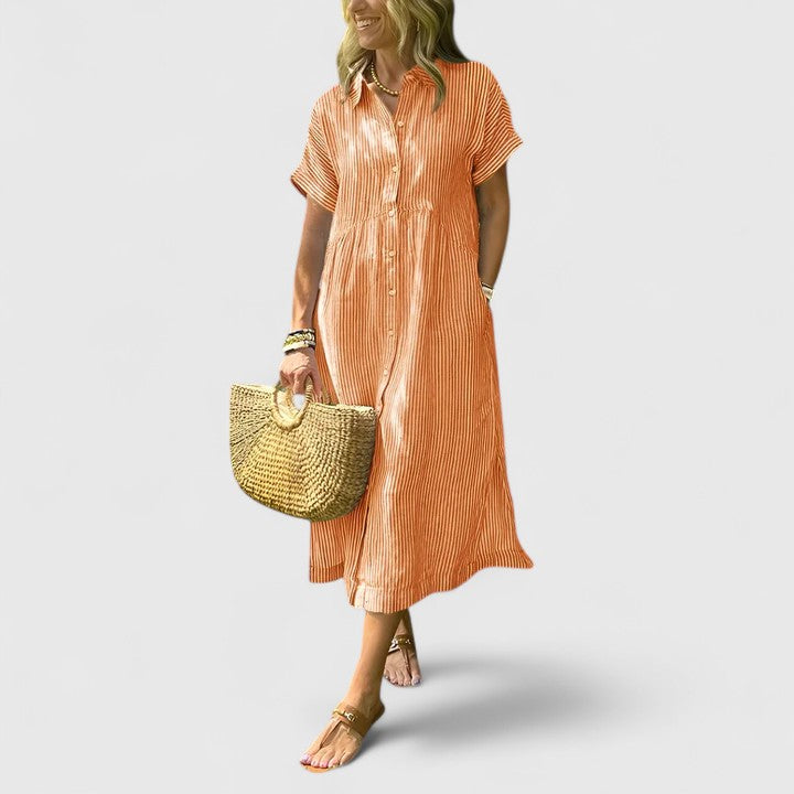 Marisol Cleverton | Blue Striped Linen Midi Shirt Dress