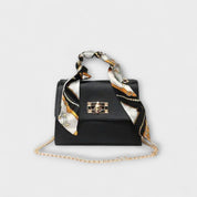 Juliette Moreau | Black Structured Handbag with Scarf Handle & Gold Chain
