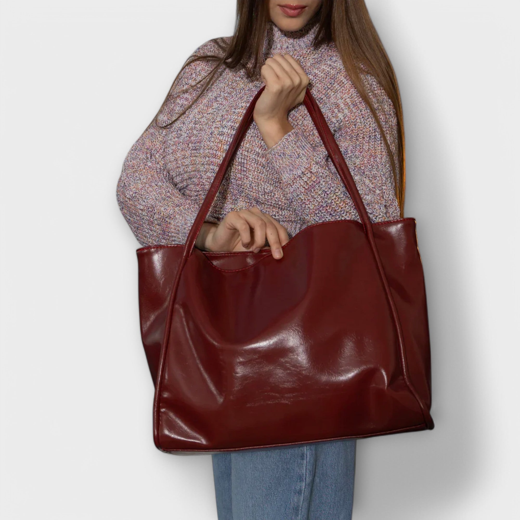 Celeste Vanthorpe | Black Faux Leather Oversized Tote Bag