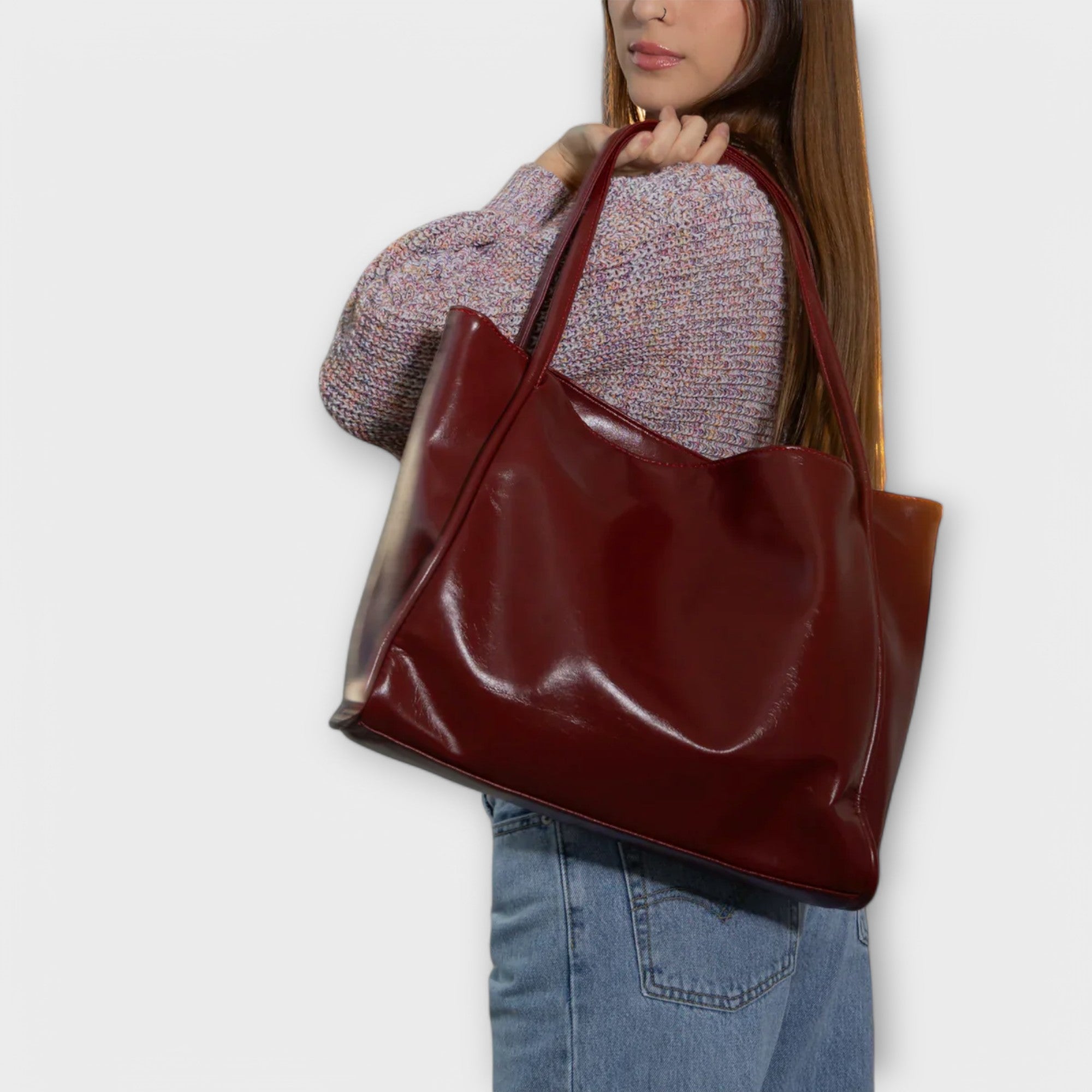 Celeste Vanthorpe | Black Faux Leather Oversized Tote Bag