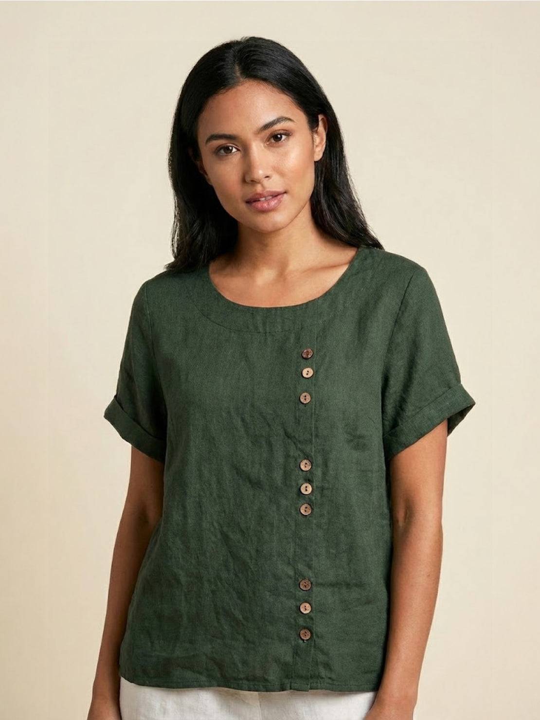 Claudette Harbourne | Women's Green Linen Button Detail Short Sleeve Top