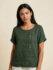 Claudette Harbourne | Women's Green Linen Button Detail Short Sleeve Top