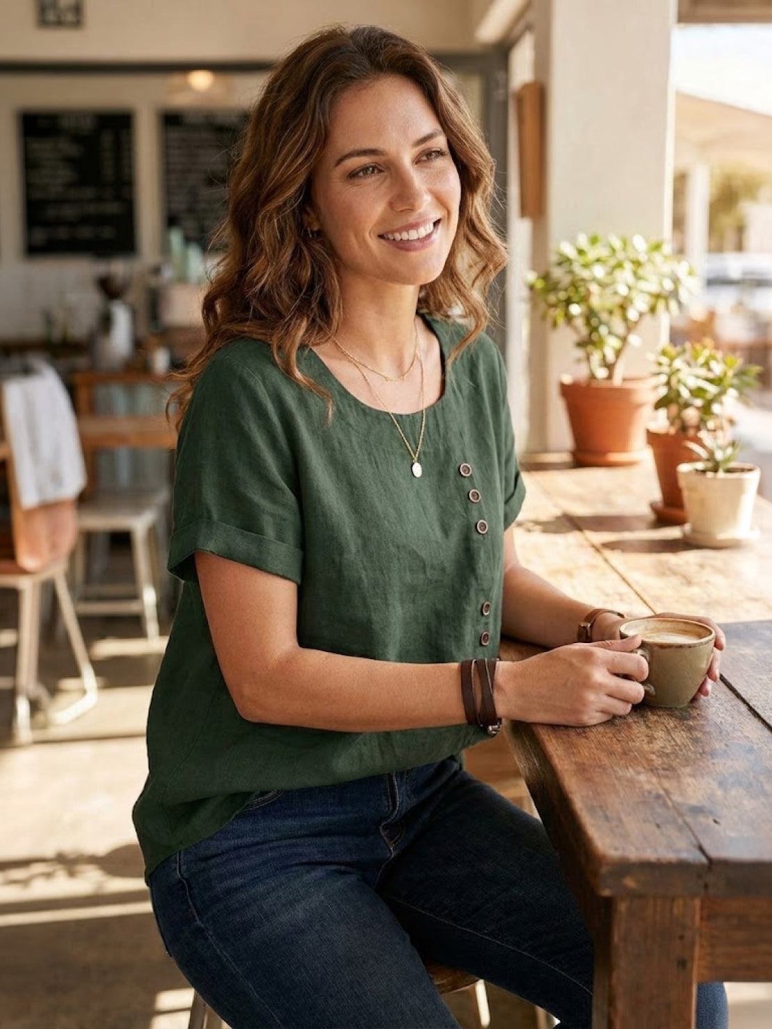 Claudette Harbourne | Women's Green Linen Button Detail Short Sleeve Top