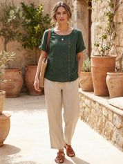 Claudette Harbourne | Women's Green Linen Button Detail Short Sleeve Top