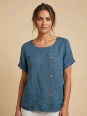 Claudette Harbourne | Women's Green Linen Button Detail Short Sleeve Top