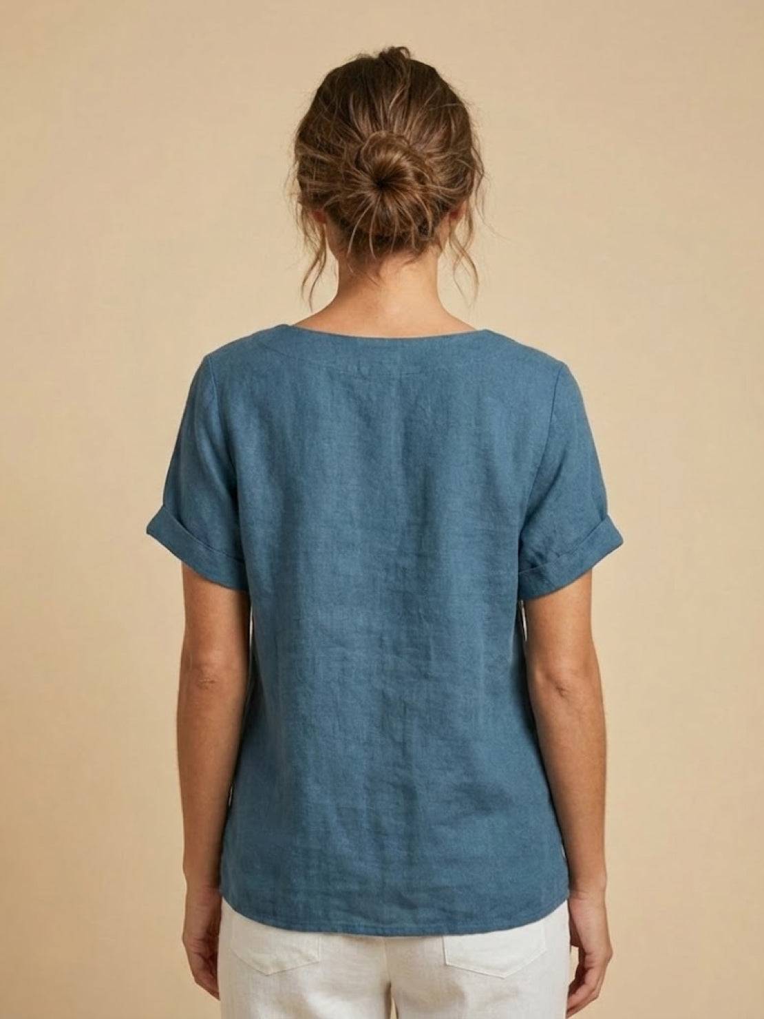 Claudette Harbourne | Women's Green Linen Button Detail Short Sleeve Top