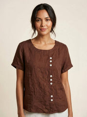 Claudette Harbourne | Women's Green Linen Button Detail Short Sleeve Top