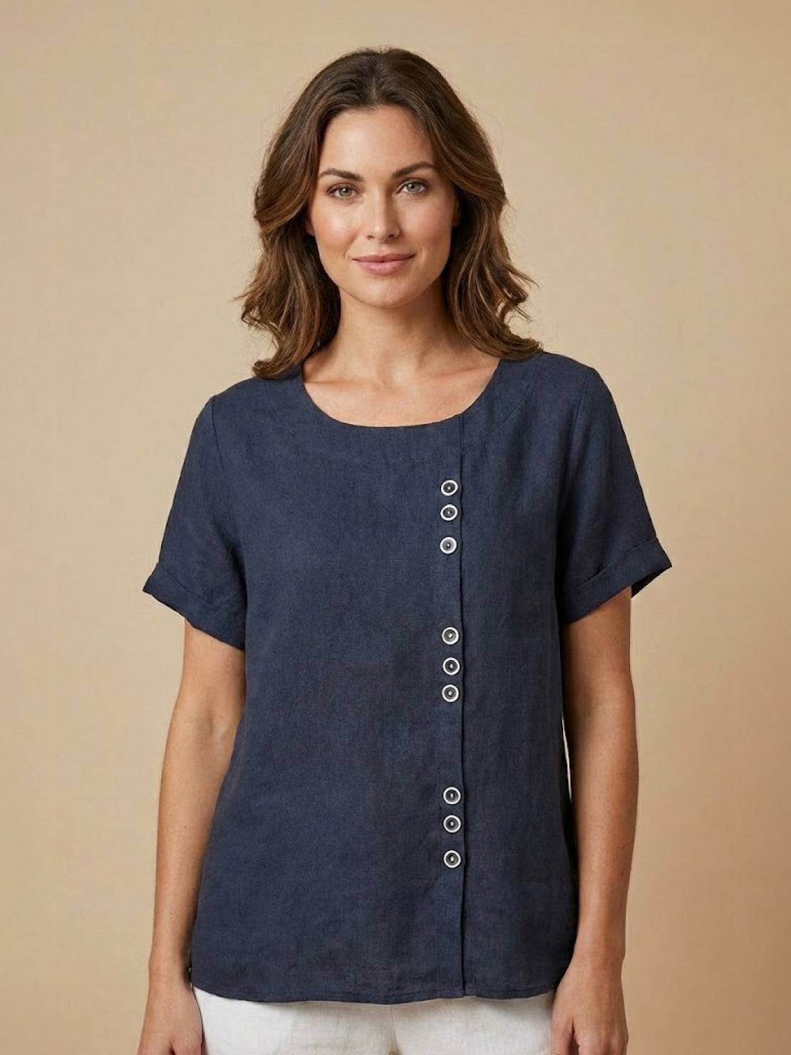 Claudette Harbourne | Women's Green Linen Button Detail Short Sleeve Top