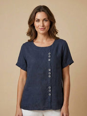 Claudette Harbourne | Women's Green Linen Button Detail Short Sleeve Top