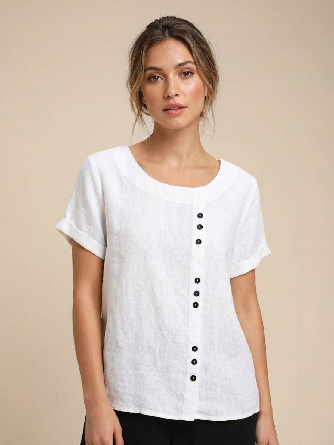 Claudette Harbourne | Women's Green Linen Button Detail Short Sleeve Top