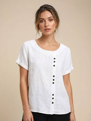 Claudette Harbourne | Women's Green Linen Button Detail Short Sleeve Top