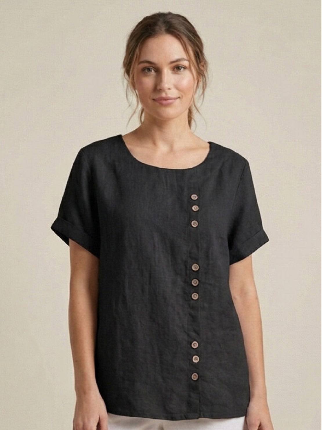 Claudette Harbourne | Women's Green Linen Button Detail Short Sleeve Top