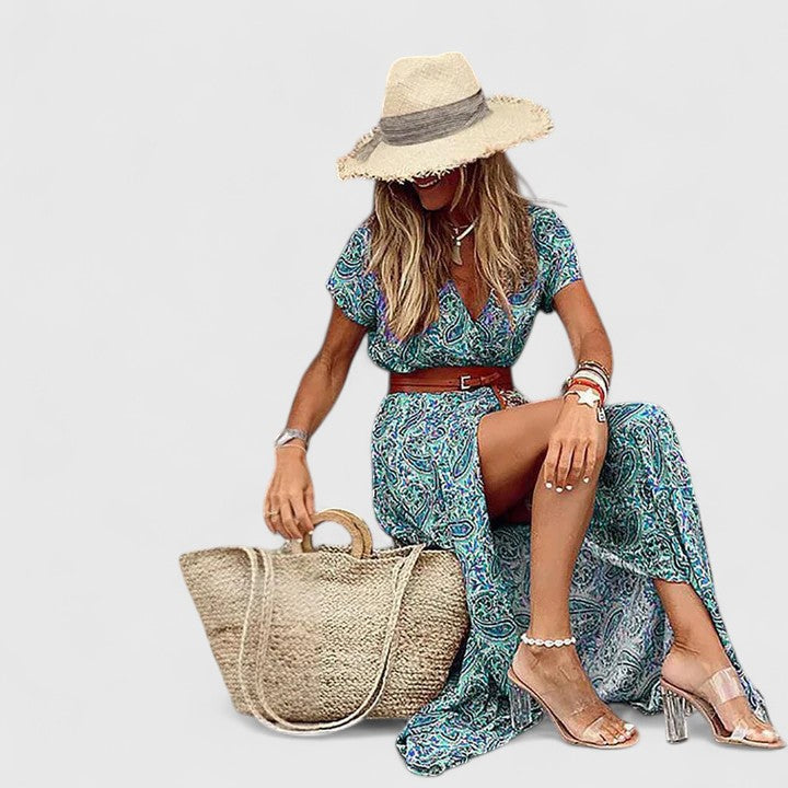 Isabelle Laurent | Navy Blue Boho Print Maxi Dress with Cap Sleeves