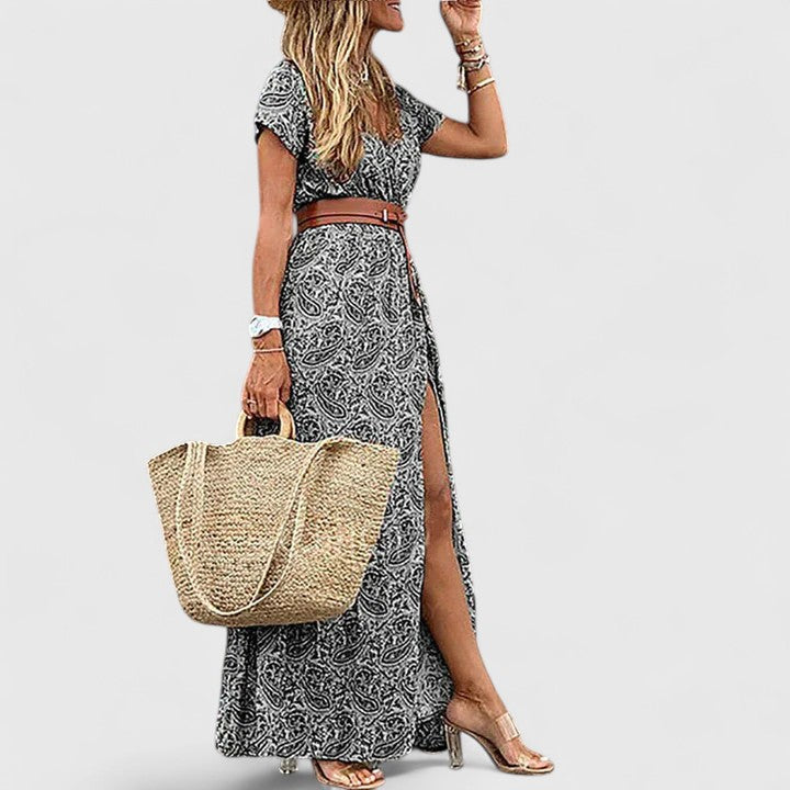 Isabelle Laurent | Navy Blue Boho Print Maxi Dress with Cap Sleeves